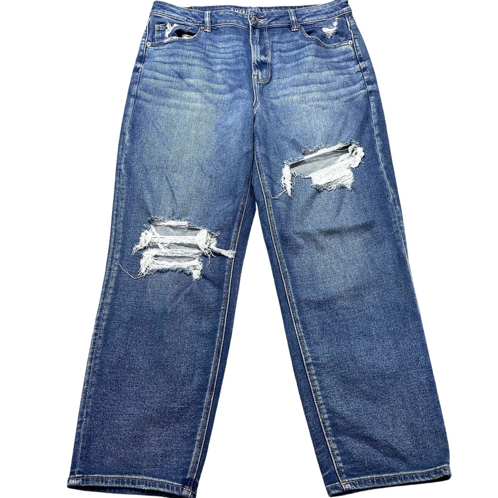 American Eagle Mom Straight Jeans Womens 16 Blue Wash High Rise Distressed
